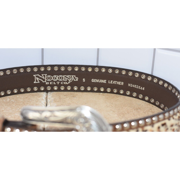 NOCONA Leather Belt Calf Hair Studded Embellishments Western Buckle Size S - Picture 3 of 7